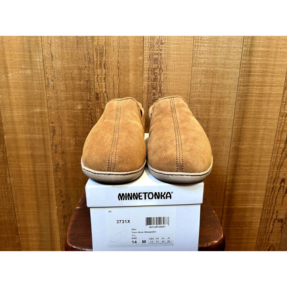 Minnetonka 3731X Men's Slipper US 14 Twin Gore Sheepskin Tan Suede